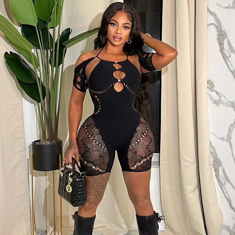 Sexy Mesh Patchwork Party Playsuit Women Romper Sexy Lingerie Outfit Hollow Out Skinny One Piece Jumpsuit Combinaison Short