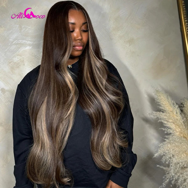 Upgrade Brown Highlights Blonde Body Wave Human Hair Wig 13x4 Transpaprent Lace Front Wigs Pre-Plucked Long Hair Wig For Woman