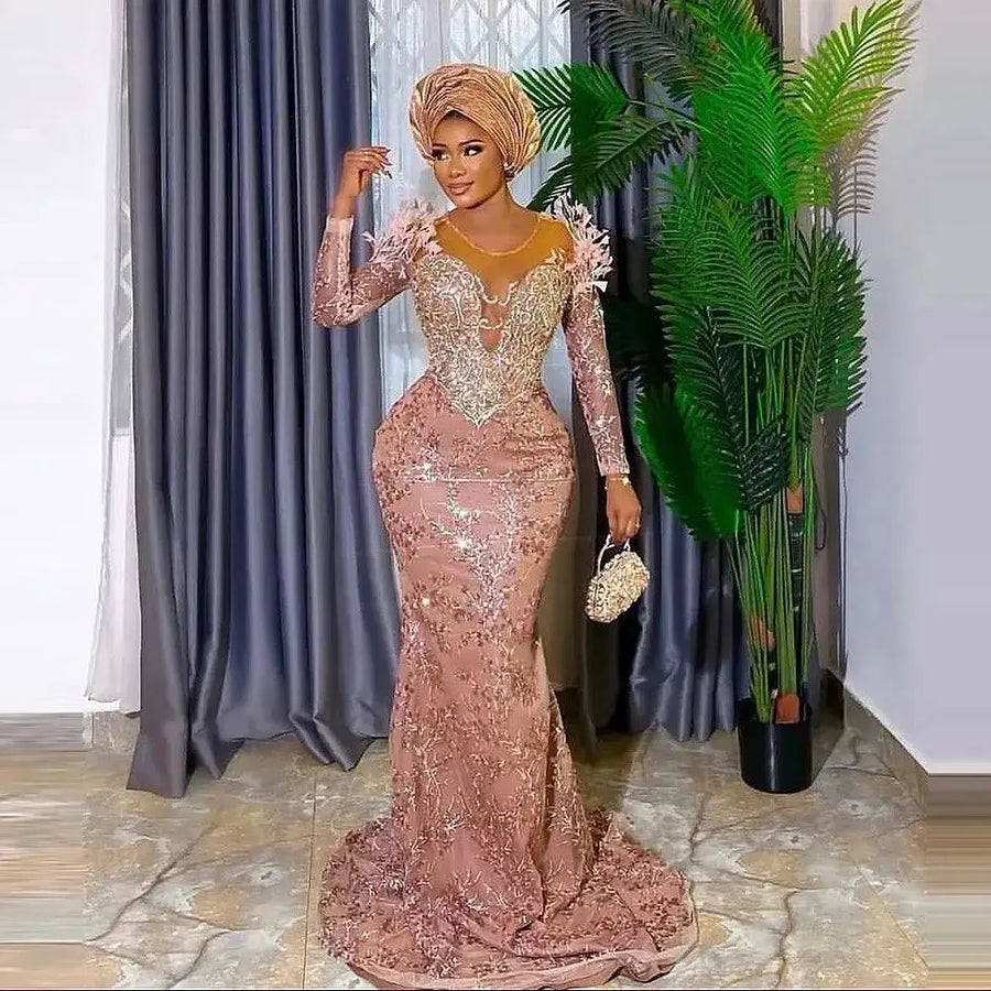Aso Ebi Mermaid Prom Dresses Floral Luxury Evening Dresses Full Sleeves Beading Long Sequin Robe De Soiree Woman Party Dress