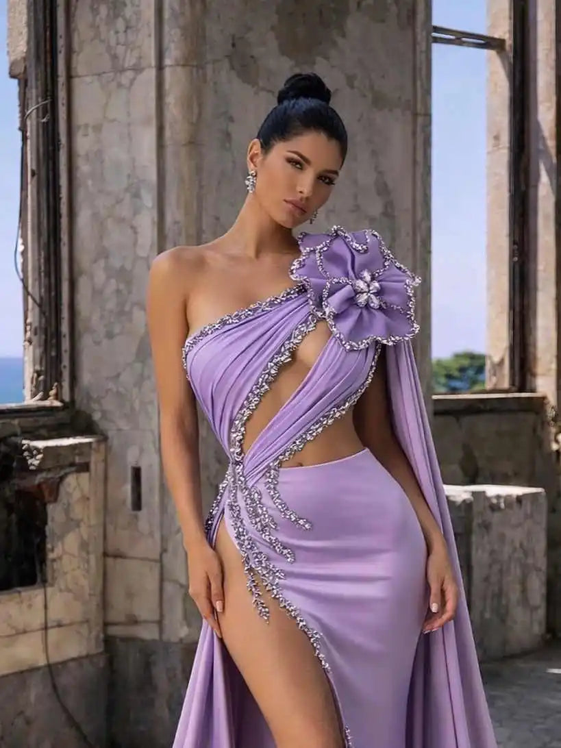 Sexy Mermaid Evening Dress Crystal One Shoulder Sleeveless Prom Gown High Splits Sweep Train Party Formal Dresses Customized