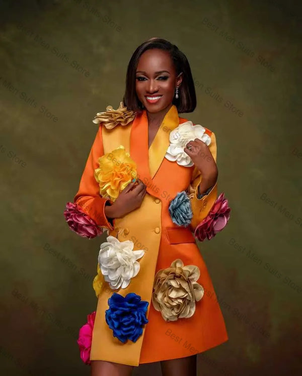 Orange Yellow Women Suit 1 Pcs Long Blazer Prom Dress 3D Flower Luxury Autumn Formal Office Jacket Customized Wedding Guest Coat