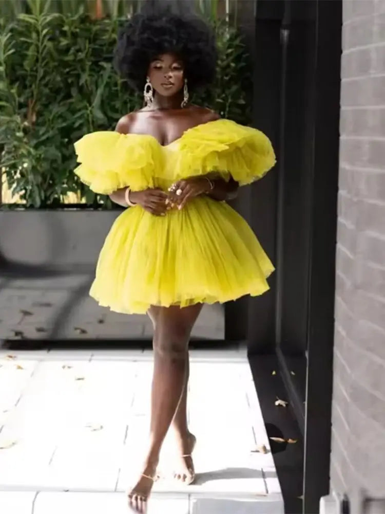 Yellow Off The Shoulder Short Prom Dresses Black Girls Tulle Evening Gowns Above Knee Cocktail Party Dress Women Formal Wear
