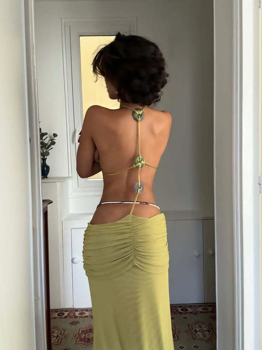 Women's Bohemian Halter Neck Beaded Waist Cutout Drawstring Ruched Slimming Beach Vacation Maxi Dress