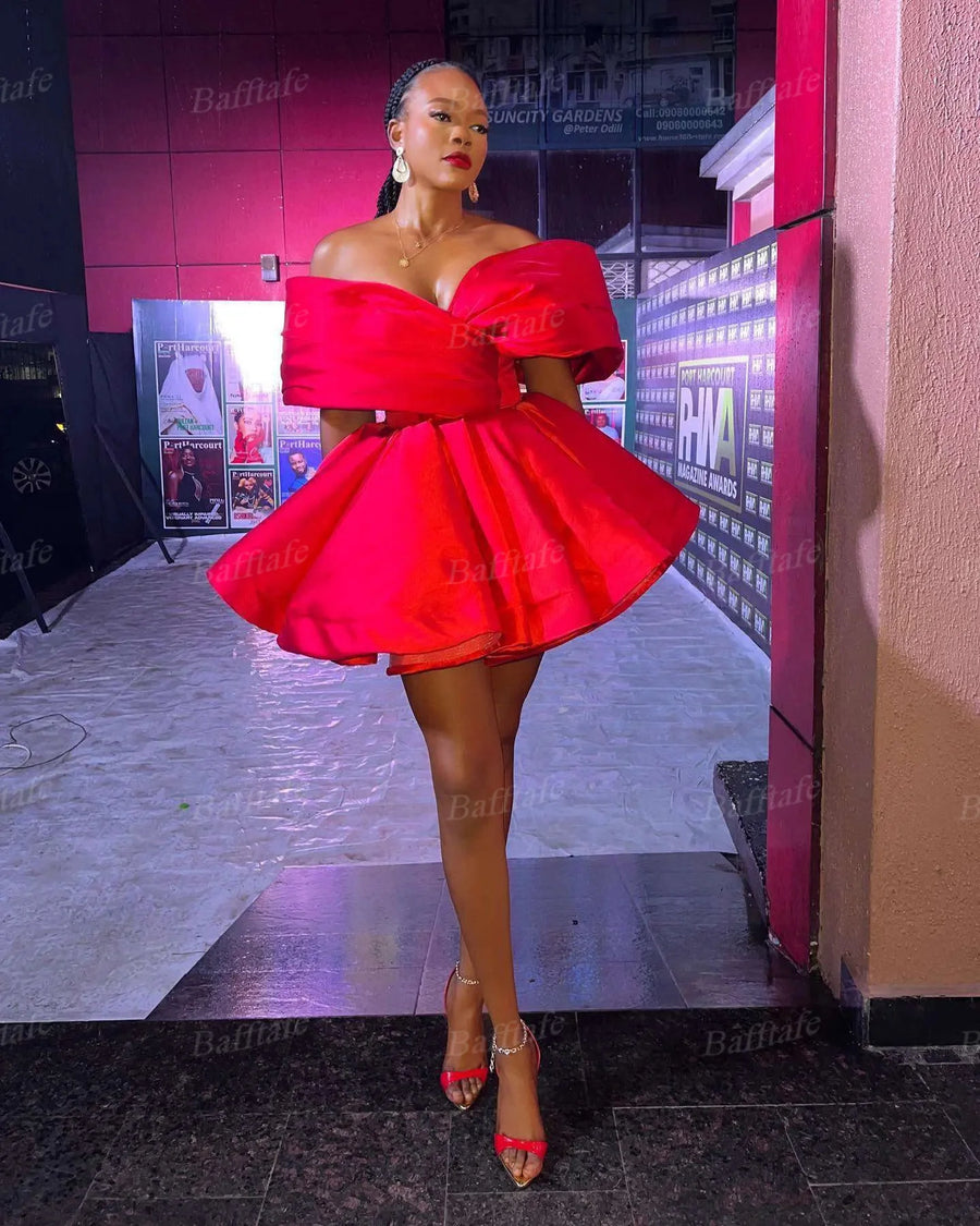 Bafftafe Red A Line Satin Prom Dresses Customized Off The Shoulder Above Knee Mini Homecoming Formal Occasion Party Gowns 2025