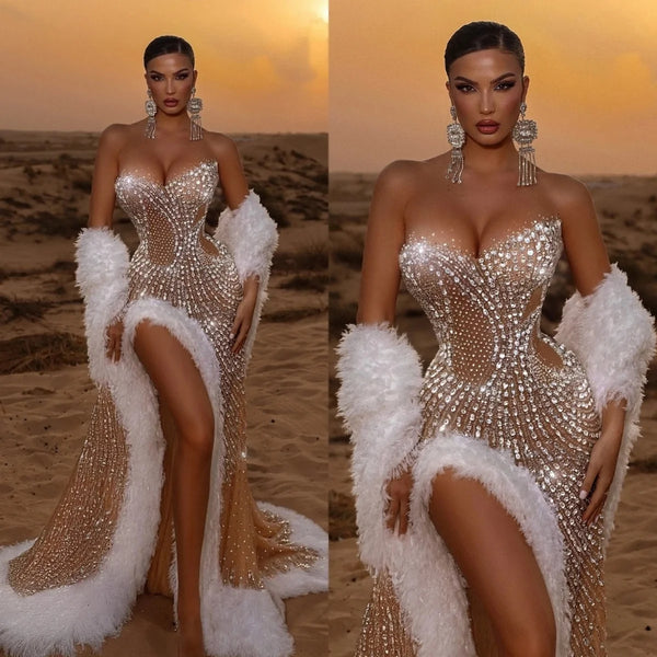 Luxury Sweetheart Beaded Wedding Dresses For Women Sexy Feathers Sleeveless Bride Dresses Customized Side Slit Bridal Gown