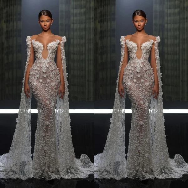 Fashion Strapless Lace Mermaid Wedding Dress Sexy See Through Bridal Gown Floor Length Floral Appliques Bride Dresses Customized