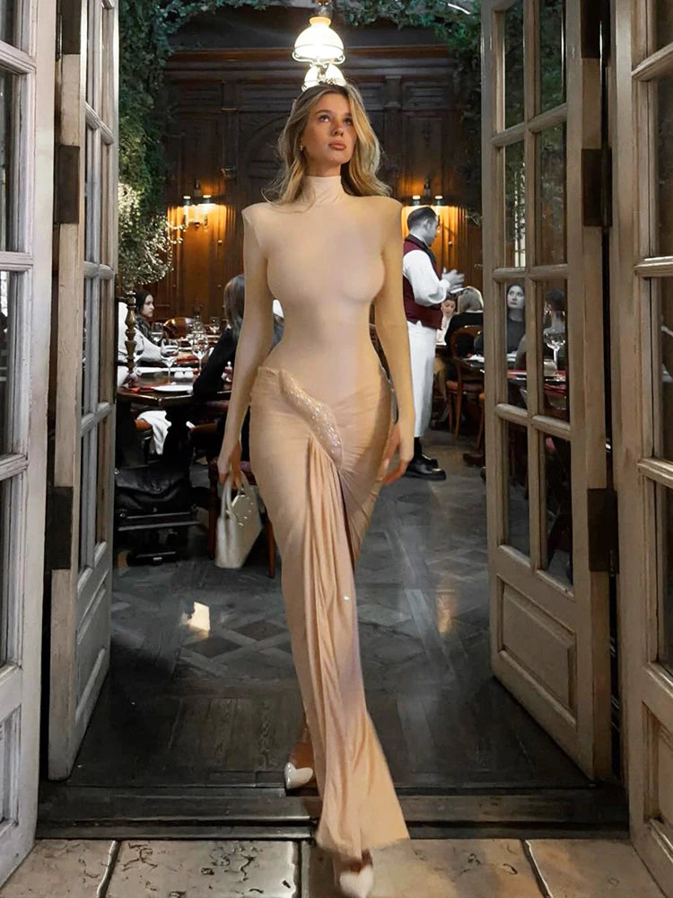 Ruched Elegant Long Dress Woman Turtleneck Full Sleeve Sexy Splits High Waist Robe Midnight Prom Party Hipster Vestidos