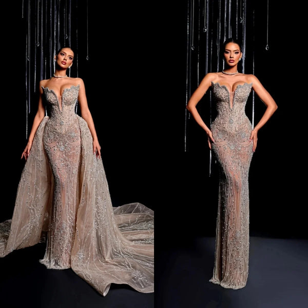 Sexy Strapless Sequined Mermaid Evening Gown Sleeveless Crystal Prom Dress Detachable Train Party Gown Customized