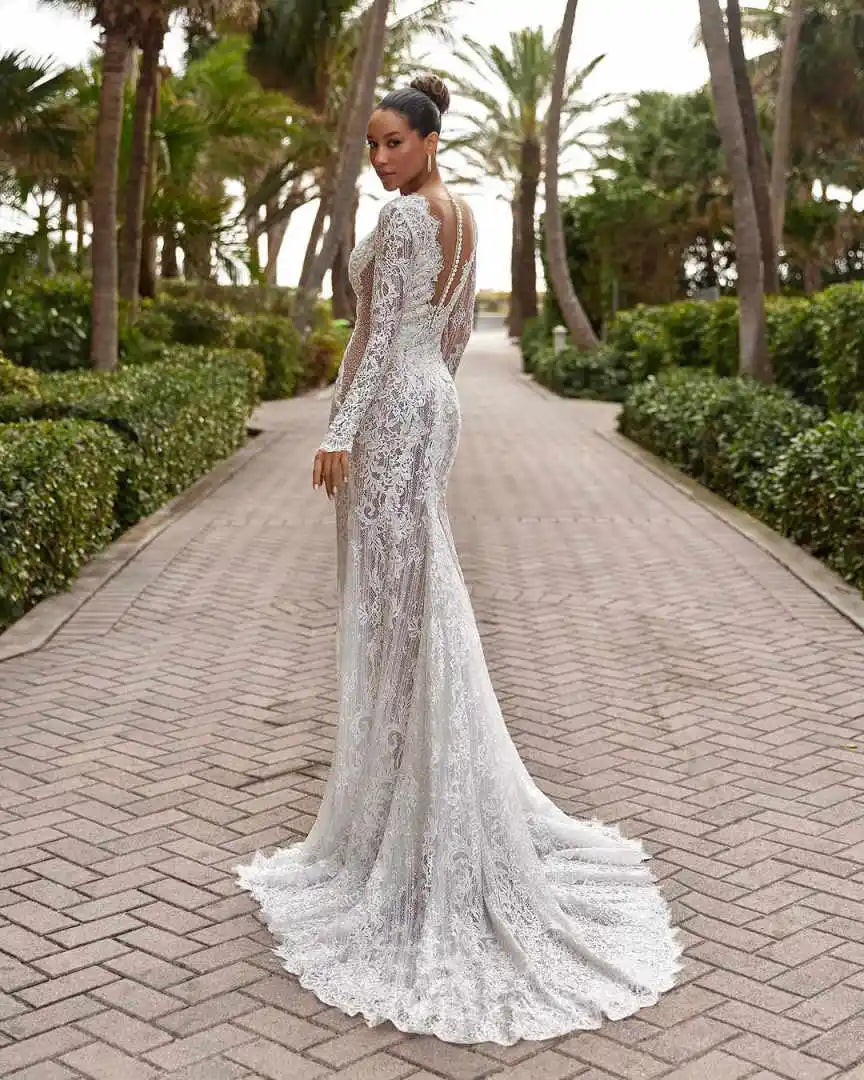 Sexy V Neck Mermaid Wedding Dresses Sequins Long Sleeve Bride Dress Sheath Lace Floor Length Bridal Dress Customized