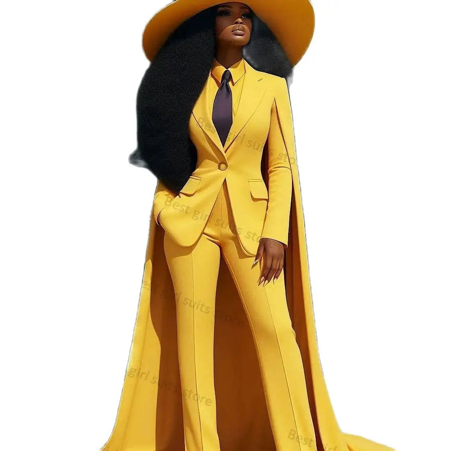 Yellow Cape Women Suit Pants Set 2 Piece Wrap Blazer+Trousers Cotton Formal Office Lady Jacket Wedding Tuxedo Customized