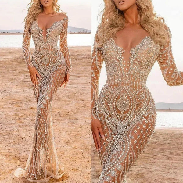 Graceful Evening Dresses Mermaid Strapless Rhinestones Beading Prom Gowns Party Dresses Customized فساتين سهر