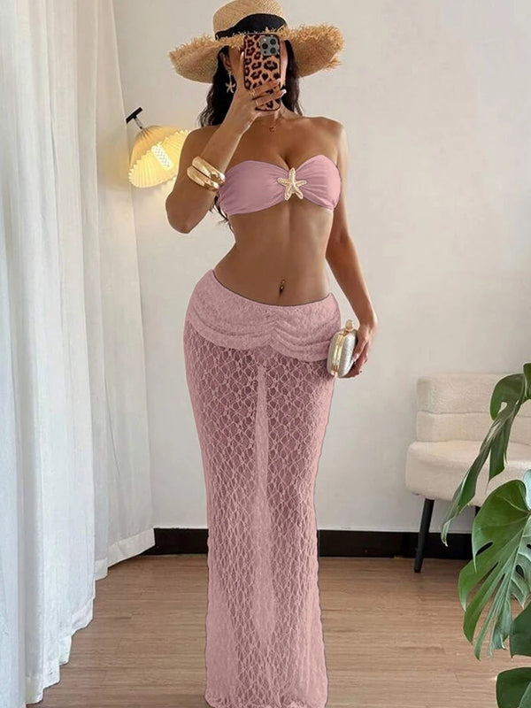 Starfish Metal Women 2 Piece Set Summer Vacation Beach Jacquard Strapless Tops+Skirt Elegant Matching Clubwear Suit