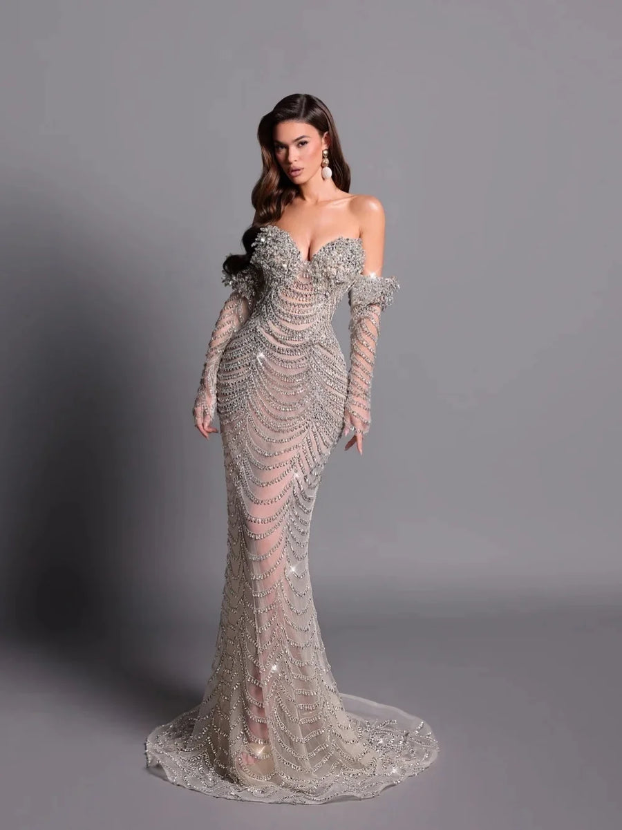 Exquisite Mermaid Evening Dress Strapless Diamond Prom Gowns Illusion Beading Floor Length Celebrity Party Dresses Customized