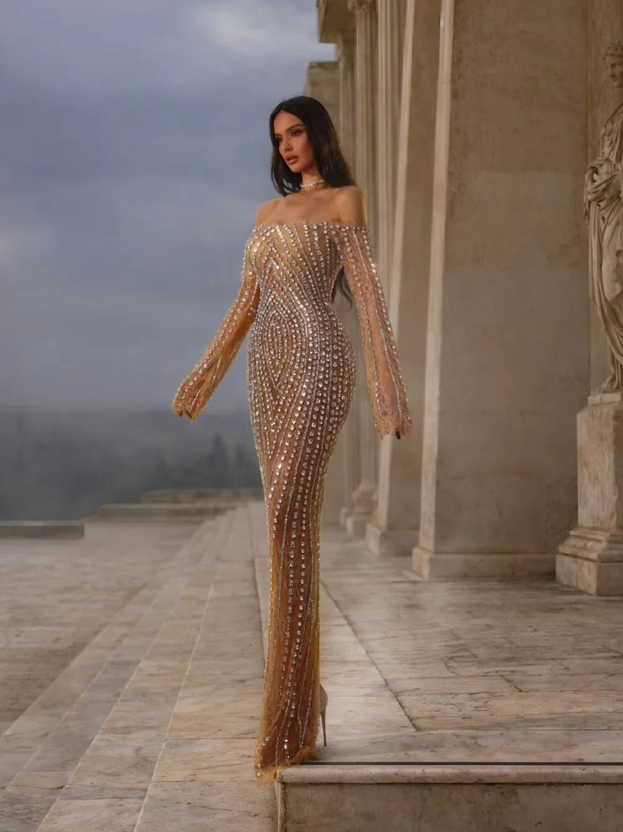 Sexy Mermaid Evening Dress Lace Crystal Plus Size Bridal Gown Illusion Tulle Sweep Train Party Dresses Customized