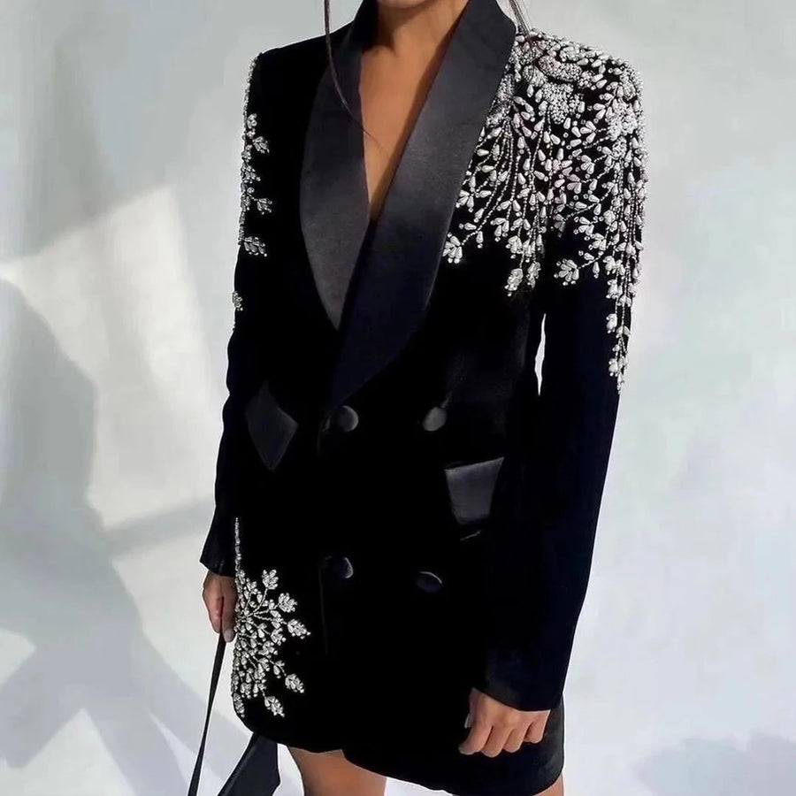 Sexy Black Velvet 1 Piece Women Dresses Full Sleeve Beading Blazer Party Gown Custom Made Crystal Power Formal
