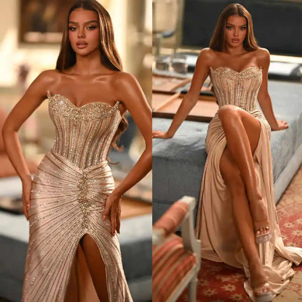 High Splits Mermaid Prom Dress Beaded Sequins Strapless Evening Dresses Sexy Sleeveless Floor Length Party Gowns Customized
