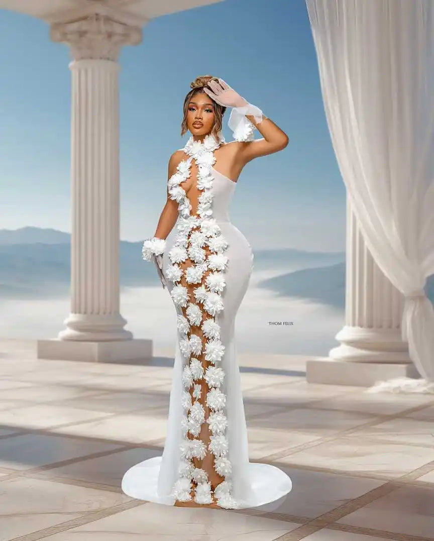 Arabia Mermaid Wedding Dresses Illusion Hand Made Flowers Sexy Bridal Gowns For Women Formal  Bride Dress Customized