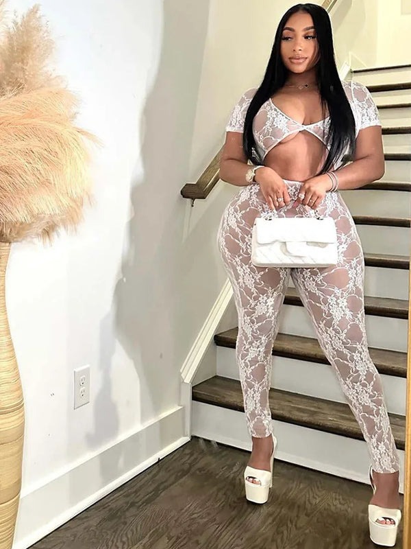 Sexy See Through Floral Lace Jumpsuit Women Short Sleeve Hollow Out Bodycon Romper Backless Night Club Outfit One Piece Overalls