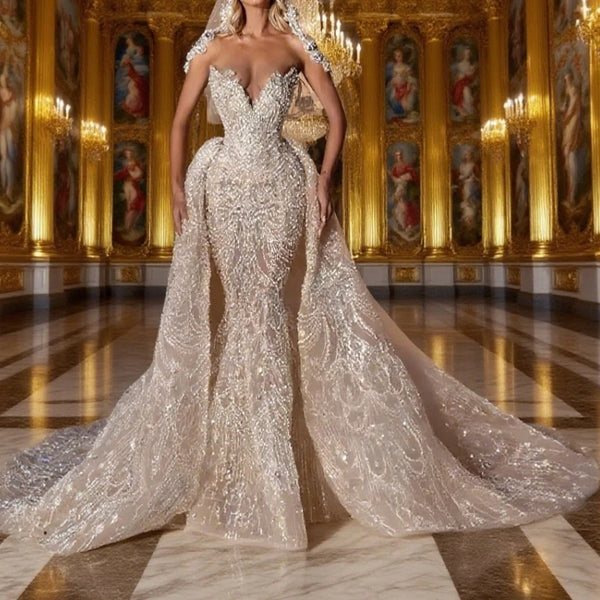 Gorgeous Mermaid Wedding Dresses V Neck Lace Sequined Sleeveless Bridal Gowns Detachable Train Custom Made Robe