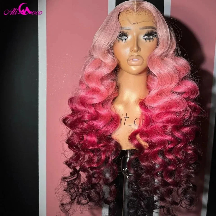 Ombre Pink Remy Human Hair Wigs for Women 13x4 Lace Front Loose Wave Wig Pre Plucked Hairline 613 Colored Brazilian Hair