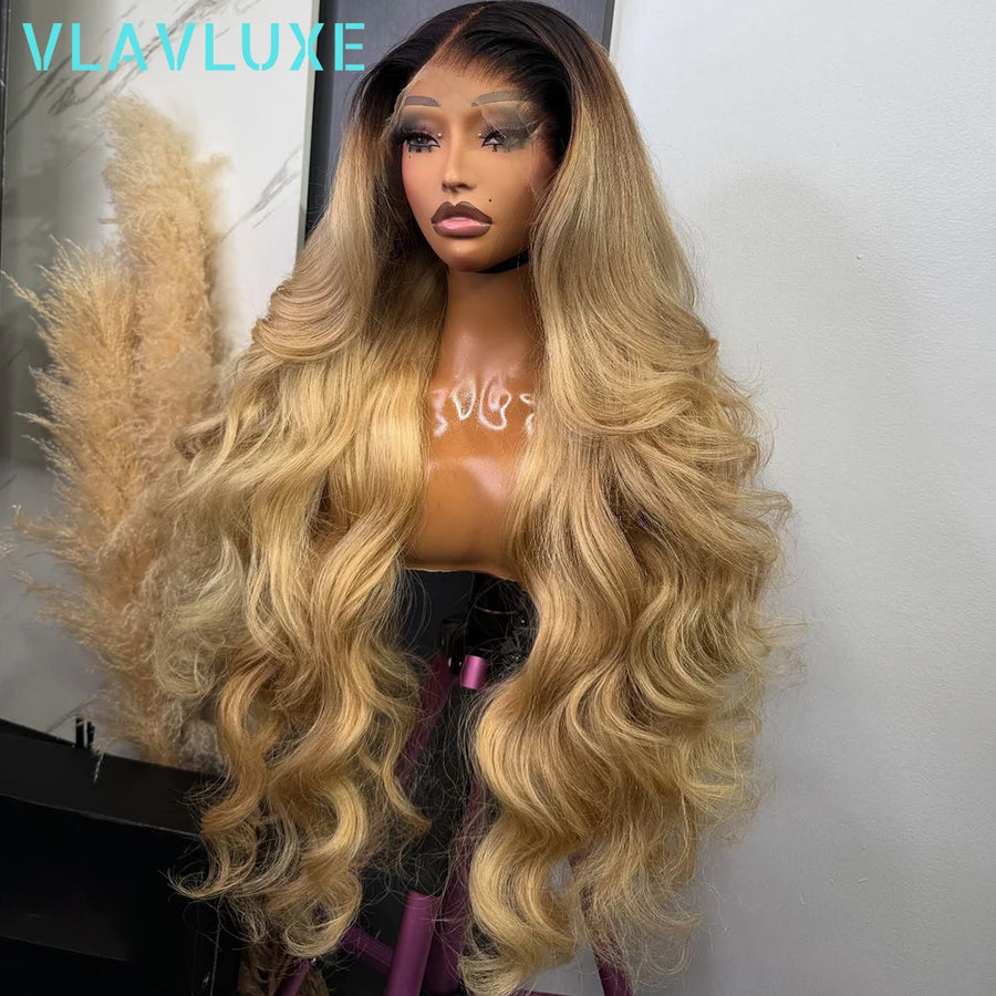 Ombre 30 Inch Body Wave 400 Density Rooted Glueless Wigs 100% Human Hair 13x6 HD Lace Front Brazilian Remy Human Hair Curly Wigs