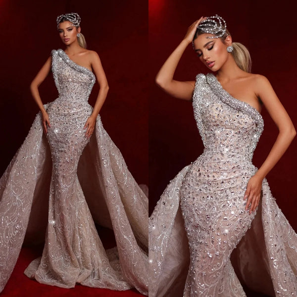Luxury One Shoulder Mermaid Wedding Dress Elegant Sequined Rhinestone Bridal Gown Detachable Train Bride Dresses Customized