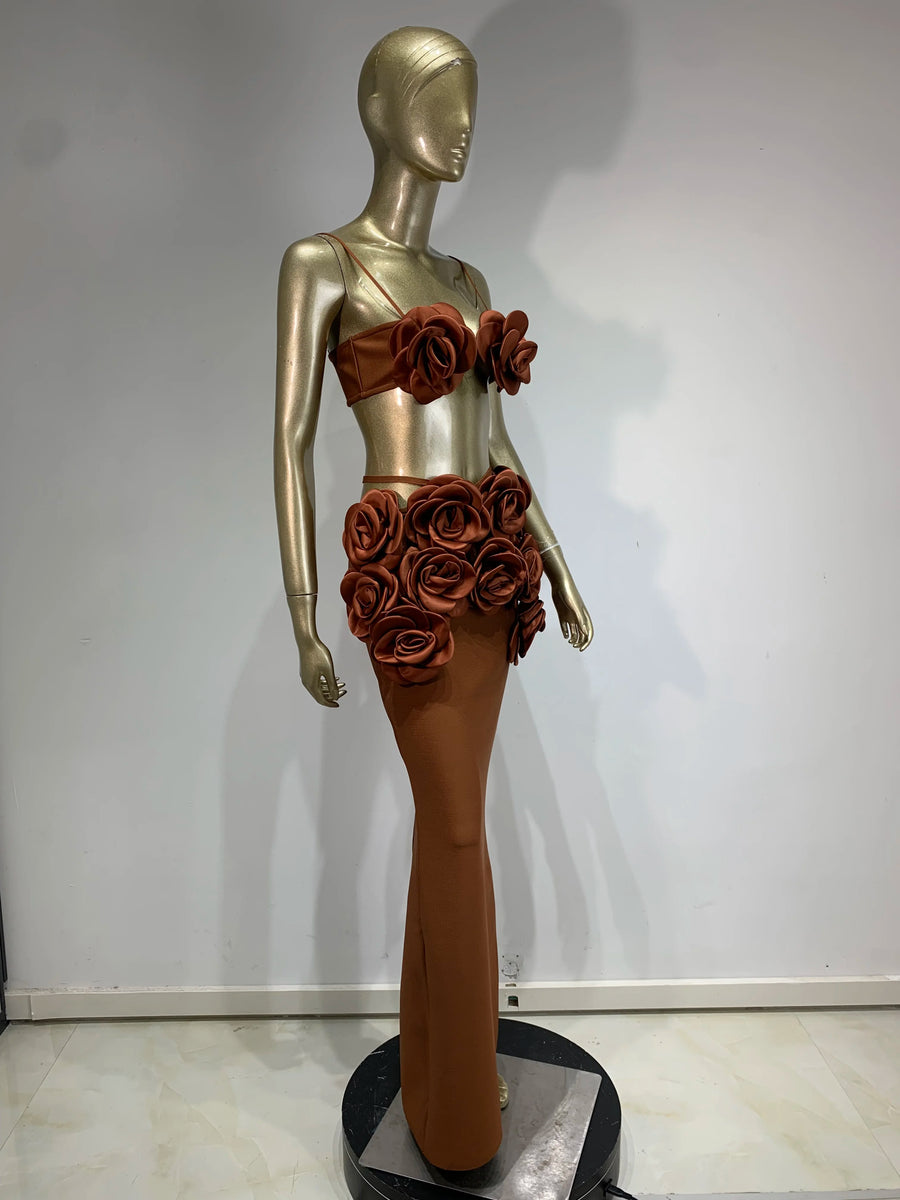 Women Celebrity Sexy Backless Halter Flower Brown Maxi Long Bandage Skirt Set 2025 Knitted Elegant Evening Club Party Clothing