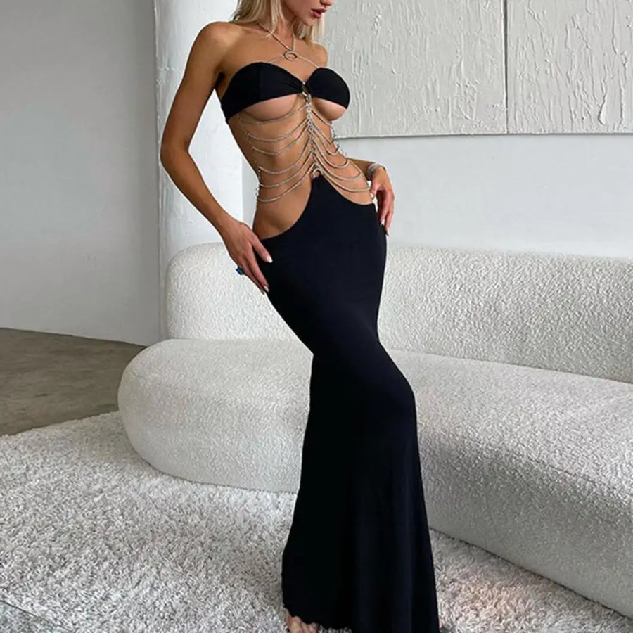 Women Bodycon Dress Low Collar Chest Wrap Backless Hollow Chain Halter Maxi Dress Body-Shaping Club Long Dress Party Outfit