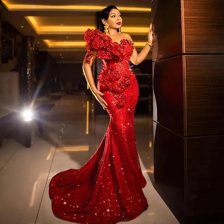 Aso Ebi Prom Dresses Illusion Sleeves Ruffles Flowers Beads Lace Mermaid Evening Dress Women Special Occasion Christmas Gowns