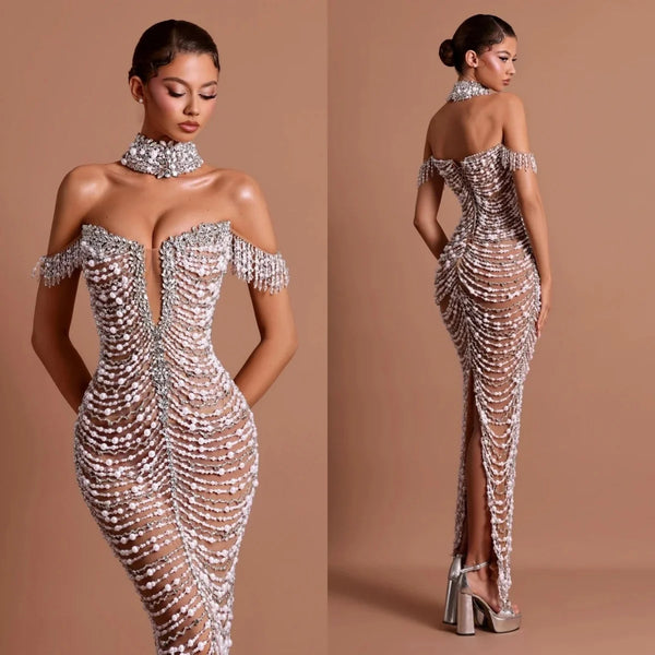 Exquisite Pearls Wedding Dresses Crystal Bridal Gowns Off Shoulder Illusion Split Mermaid Customized Bride Vestidos De Novia