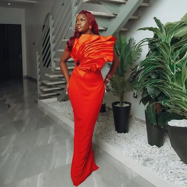 Aso Ebi Mermaid Prom Dresses Ruched Satin Sheath Evening Gowns Floor Length Spaghetti Style Formal Party Dress
