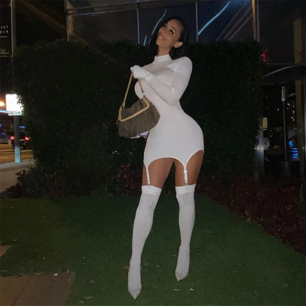 Bodycon Mini Dress with Stockings Women Solid Fashion Sexy Turtleneck Gloves Long Sleeve Slim Hipster Basic Dresses Clubwear