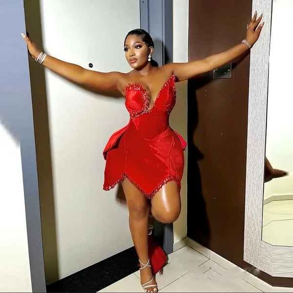 Fashionable Mini Red Mermaid Crystal Tassel Black Girl Cocktail Ball Dress Sexy Off Shoulder Formal Occasion Dress Customized