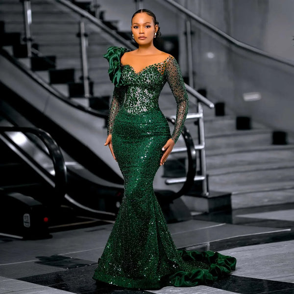 Green Sequins Lace Aso Ebi Evening Dress with Customized Sparkle Beading for Women African Wedding Reception Formal Gown