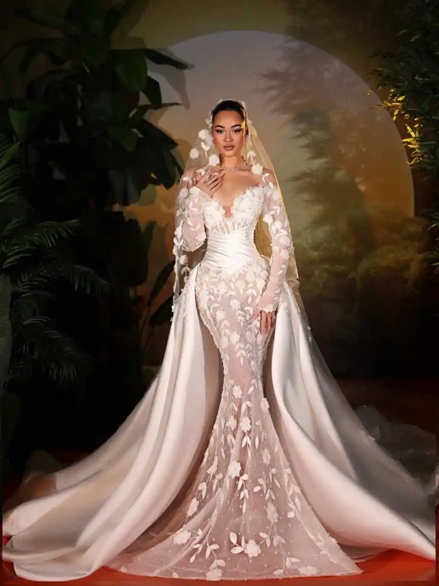 Gorgeous Mermaid Wedding Dress Off Shoulder Appliques Pearls Bride Dresses Sexy Detachable Sweep Train Bridal Gowns Customized