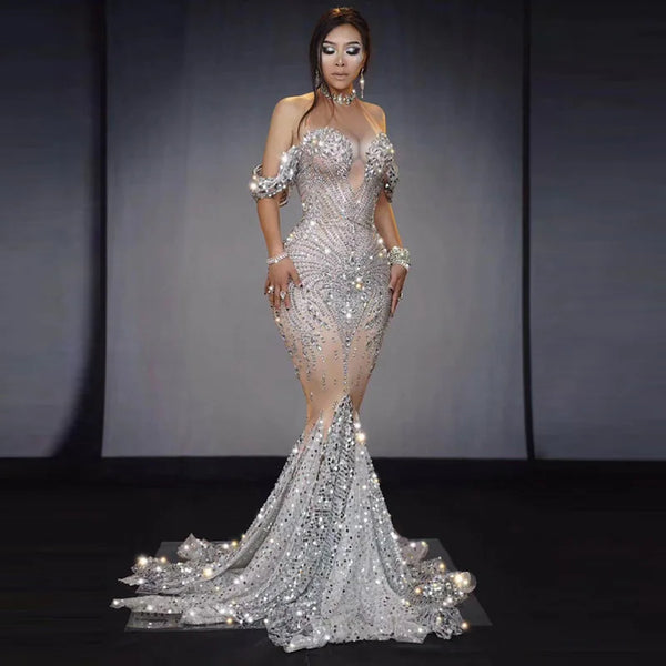 Popular Bright Crystal Sequins Elegant Fishnet Dress, Off-the-shoulder Wedding Dress Women Dresses for Party and Wedding
