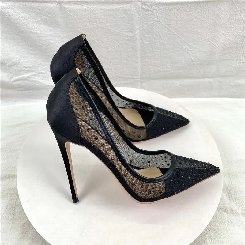 Breathable Mesh Fashion Single Shoes Elegant Women Pointed Tip High Heels Luxurious Rhinestone Summer Party Stiletto Pumps 12CM