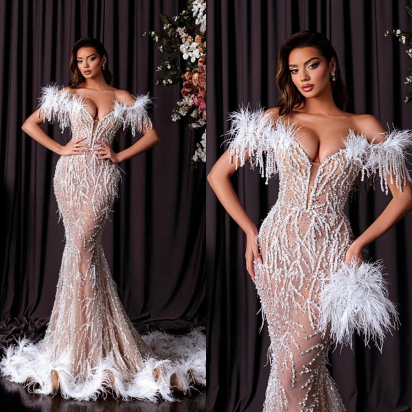 Elegant Off The Shoulder Evening Dresses Sexy Feathers Sequined Lace Prom Dress Customized Floor Length Sleeveless Party Gown