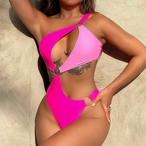 Cut Out Bather Bathing Suit Swim Sexy Asymmetric Splicing One Shoulder Women Swimwear One Piece Swimsuit Female Monokini V4674