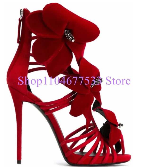 Red Color Flowers Lady Sandals Fashion Crystal Woman High Heels Sandals Sexy Thin Heel Pumps Single Shoes Female Party Shoes