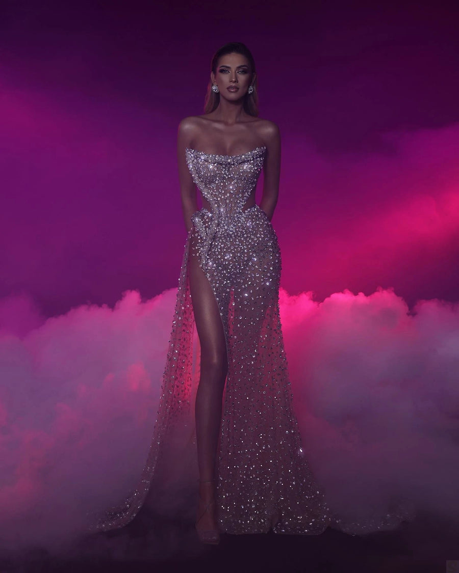 Brilliant Evening Dresses Mermaid Formal Occasion Gowns Strapless Beads Side Split Cutaway Side Prom Wear Vestido De Noite