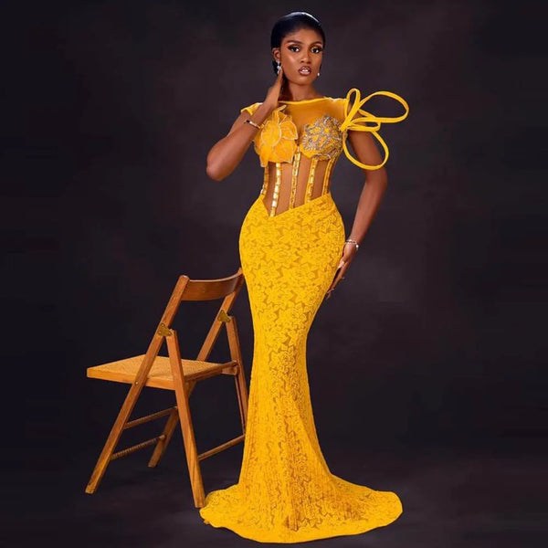 New Sheer neck Exposed Boning Aso Ebi Evening Dress Black Girls Lace Mermaid Prom Dresses
