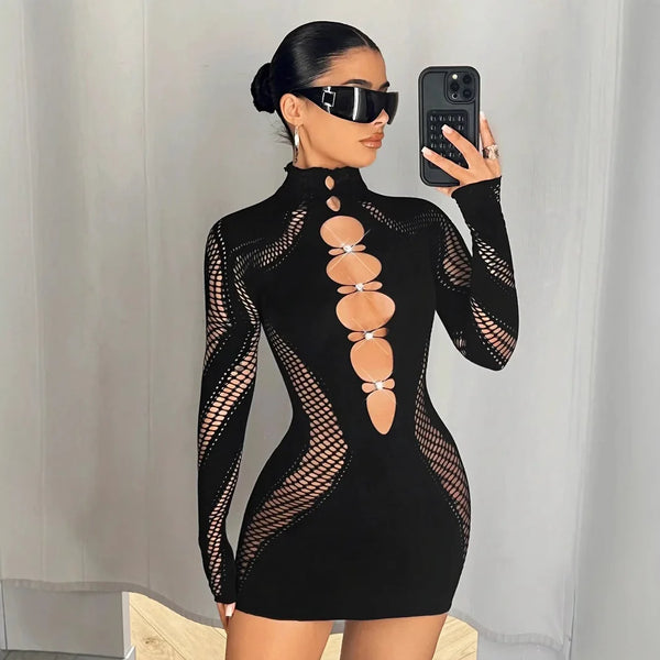 Women Sexy See Through Long Sleeve Half-High Collar with Hollow Out Design Rhinestones Nylon Stretch Knit Bodycon Mini Dress