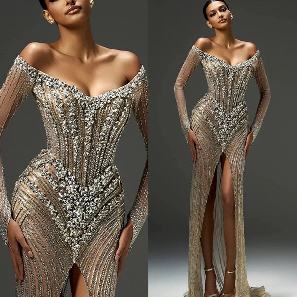 Sexy Illusion High Slit Prom Dresses Sparkly Beads Rhinestones Evening Dress Customized Off The Shoulder Cocktail Gown