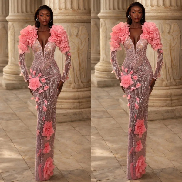 Sparkly V Neck Sequined Prom Dresses Sexy Long Sleeveless Appliques Evening Dress Customized Floor Length Party Gown