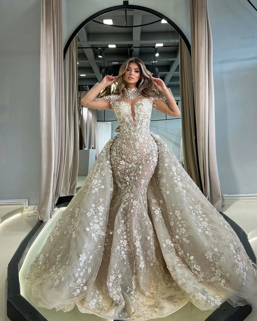 Luxurious Wedding Dresses Mermaid High Collar Pearls Appliques Detachable Train Bridal Gowns Robe De Mariee Customized