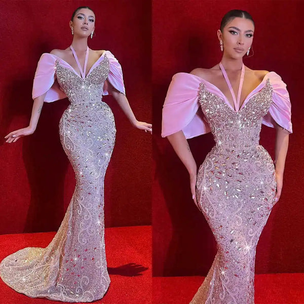 Luxury Evening Dresses Mermaid Halter Rhinestones Crystals Beads Sweep Train Prom Gowns Party Dresses Customized Robe De Soirée