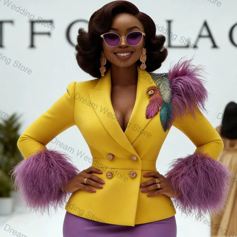 Feather Purple Yellow Women Suit Set 2 Pcs Blazer+Prom Dress Short Mini Formal Office Lady Jacket Customized Wedding Guest Coat