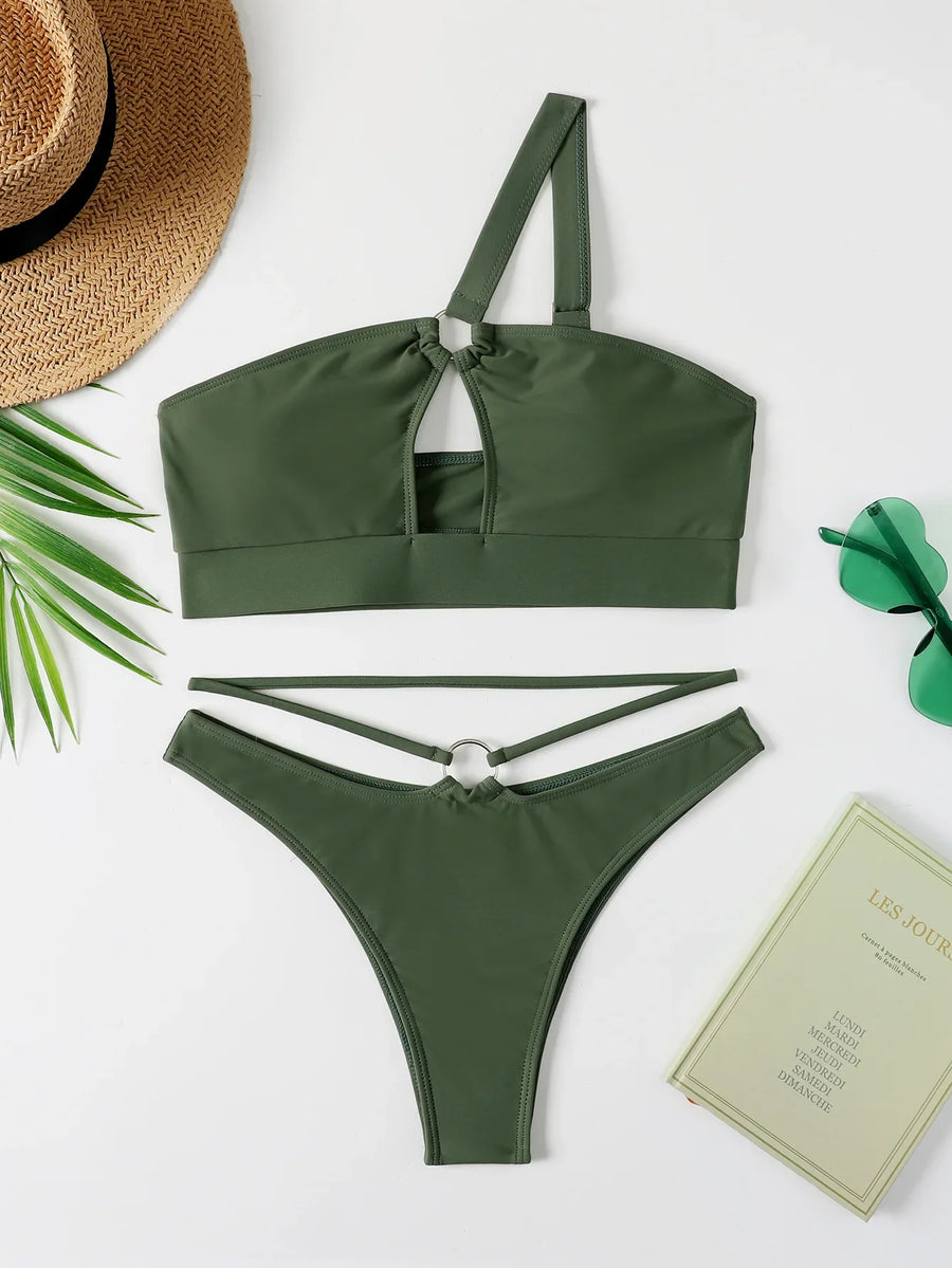 sexy cut out one shoulder high waist Bikini Set swimsuit Metal Ring bikini summer hollow out swimwear biquini tankini 2024 mujer