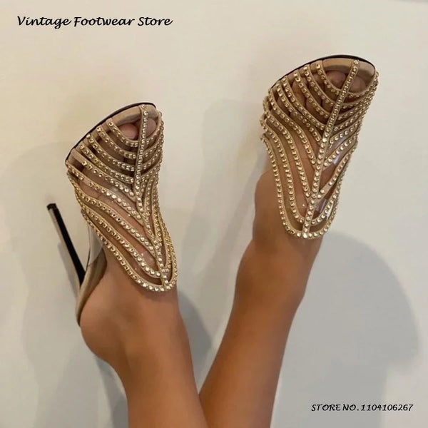 Crystal Thin Strappy Design Heeled Mules Elegant Round Toe Thin Heels Women's Bling Shoes Summer Party Prom Pull On Stilettos